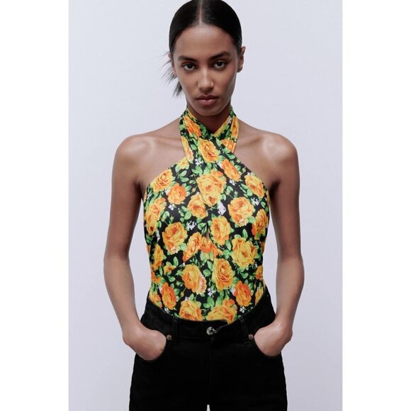 NWOT Zara multicolour floral print crossover, twist halter plunge neck bodysuit - Picture 2 of 10
